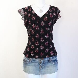 y2k black floral mesh flutter sleeve top whimsigoth